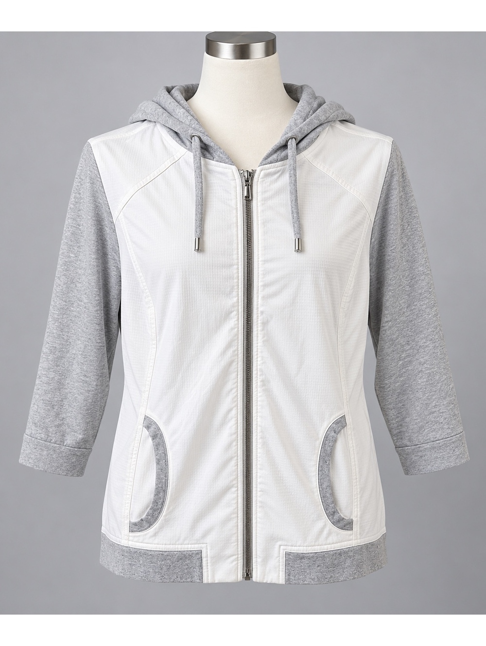 Chico’s Zenergy Size 3 XL White Gray Mixed Media Full Zip Hooded Jacket